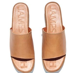 James Smith Stevie Leather Wood Stacked Slides Sandals Size 39 8.